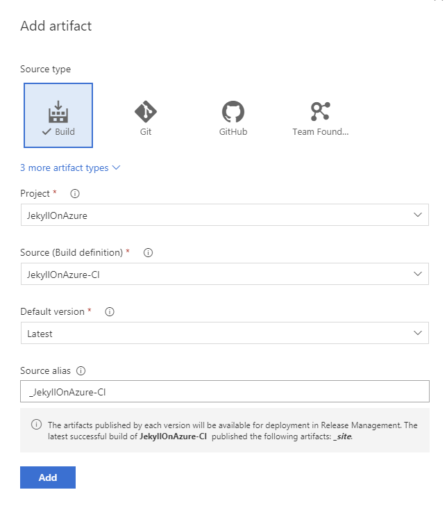 Choose build artifacts for a VSTS release definition