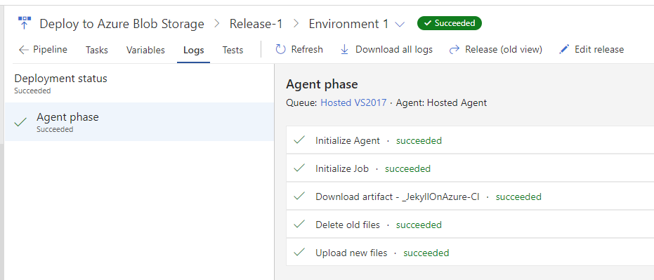VSTS release is completed successfully from the logs tab