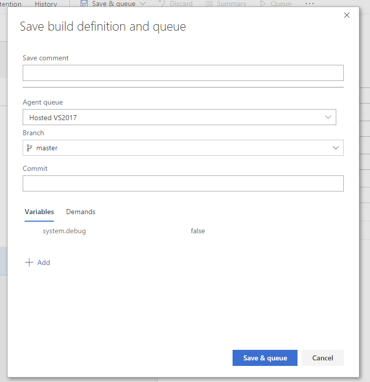 Save and queue VSTS build