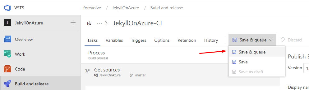 Save and queue VSTS build