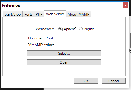 MAMP Preferences Web Server