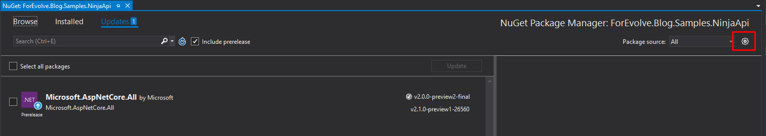 Manage NuGet Packages... - gear icon highlighted