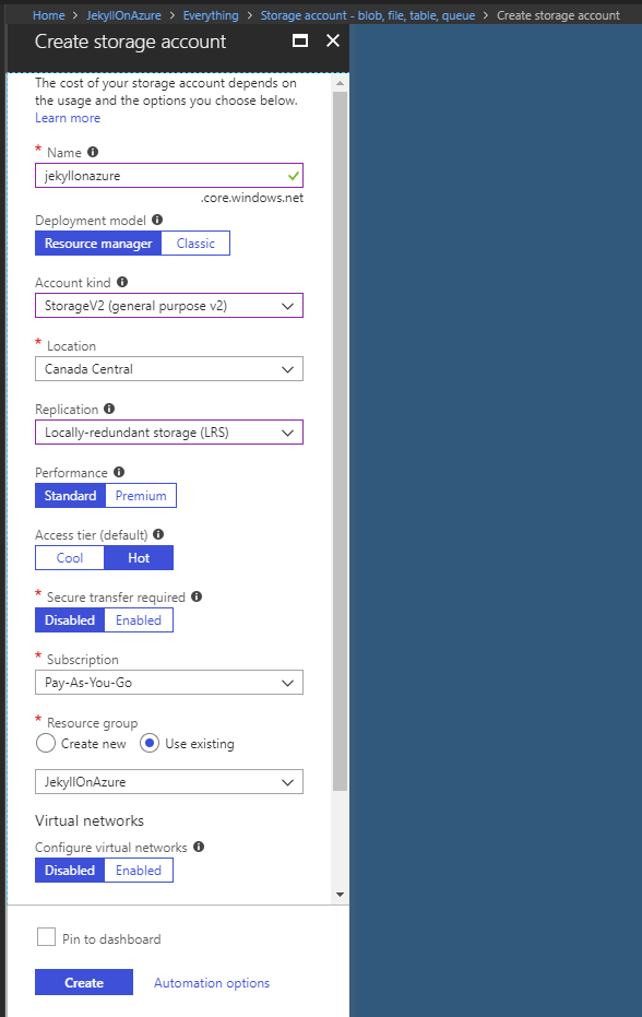 New Storage account - blob, file, table, queue