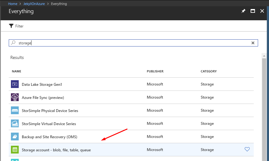 New Storage account - blob, file, table, queue