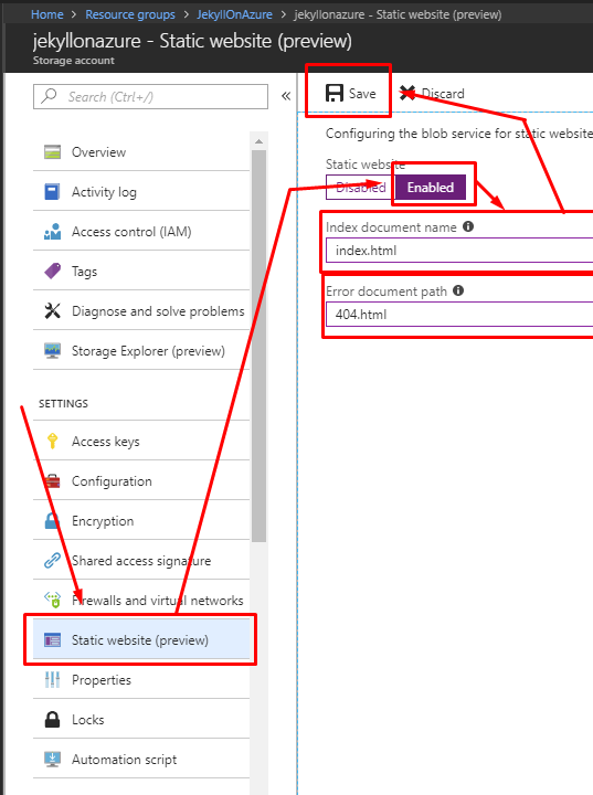 Enable Azure Storage static website