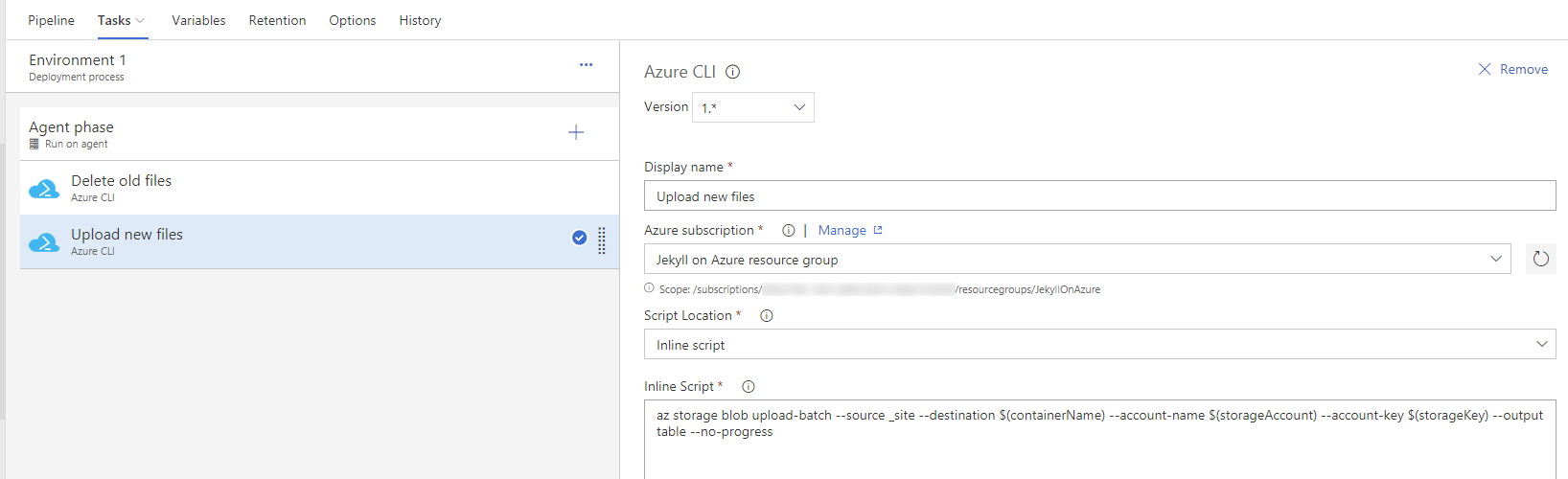 Upload build artifacts to Azure blob storage from VSTS release definition using Azure CLI